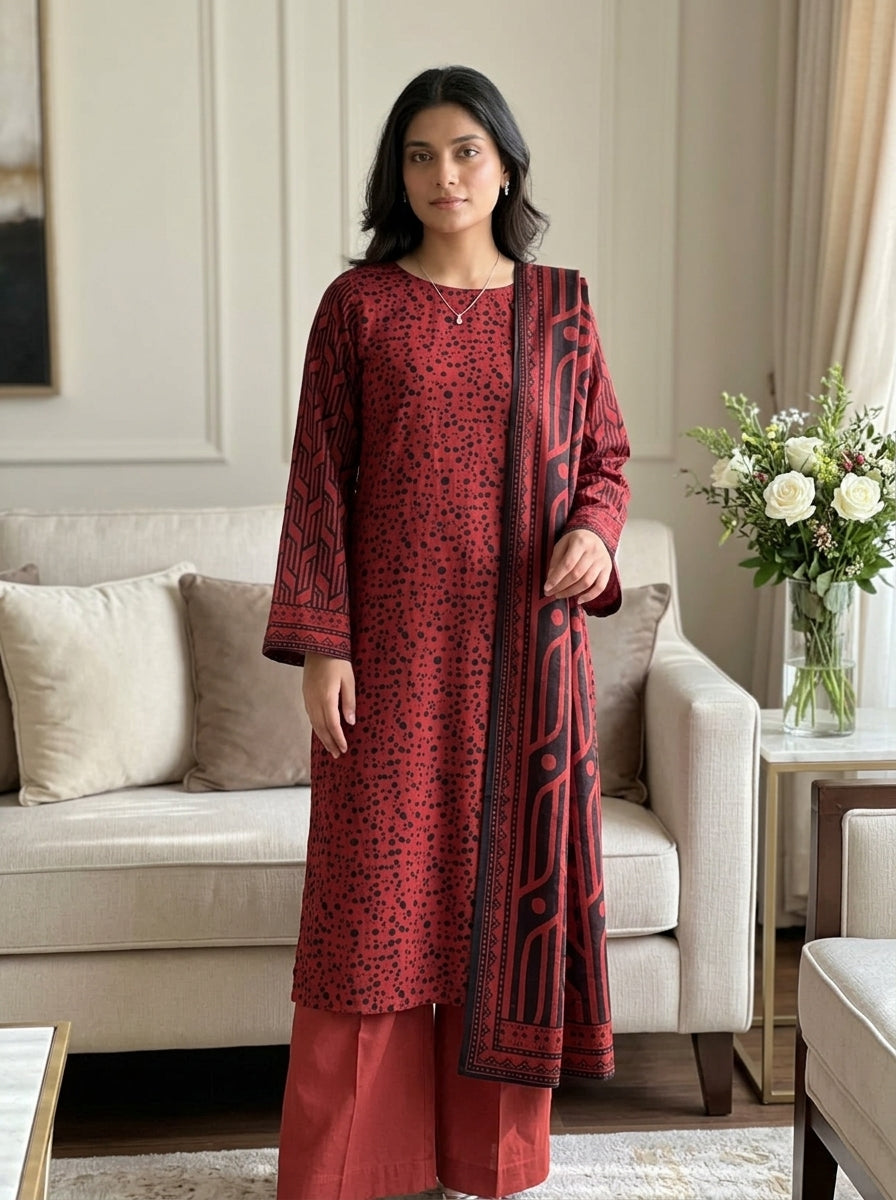 Fatima Volume 2760 – Rust Red Animal Print Unstitched 3 Piece Suit with Tribal Border Dupatta