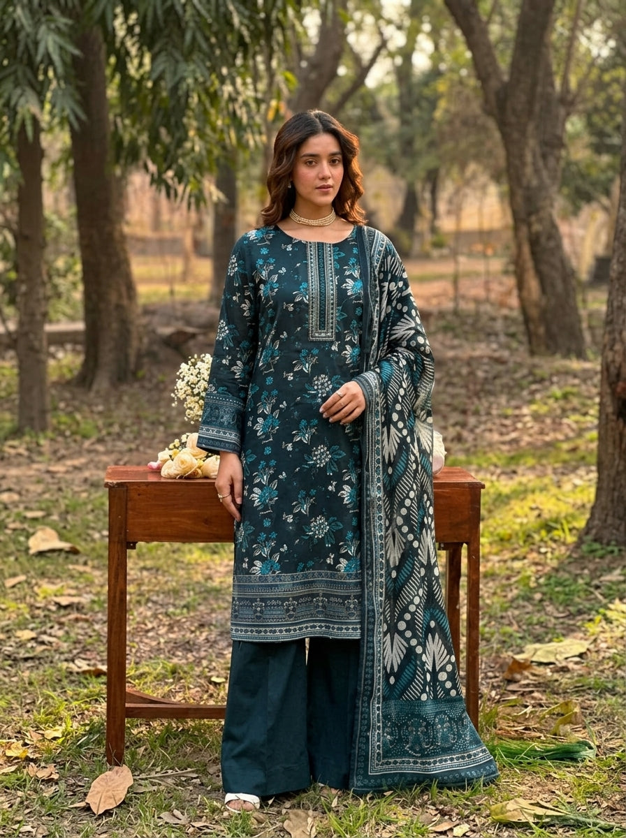 Fatima Volume 3136 – Design 06 | Teal & Ivory Floral Printed Lawn Unstitched 3 Piece Suit with Embroidered Neckline