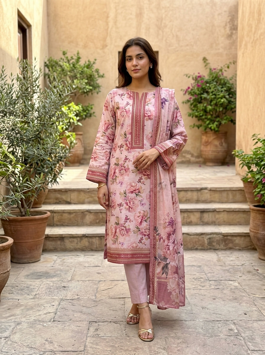 Fatima Volume 3119 – Design 03 | Blush Pink Embroidered Floral Lawn Unstitched 3 Piece Suit with Voile Dupatta