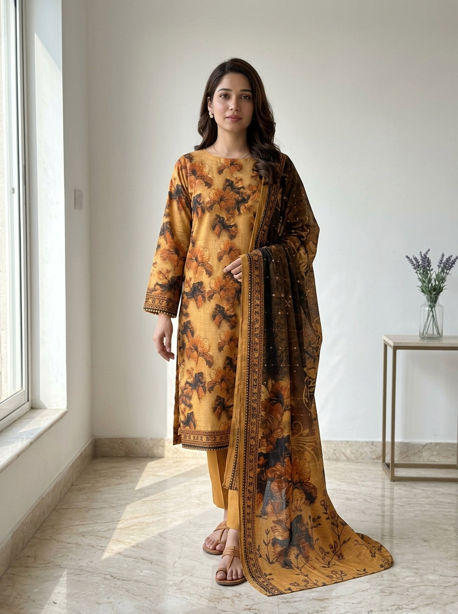 Fatima Volume 2786 – Design 06 | Golden Mustard Printed Lawn Unstitched 3 Piece Suit with Koil Print Dupatta