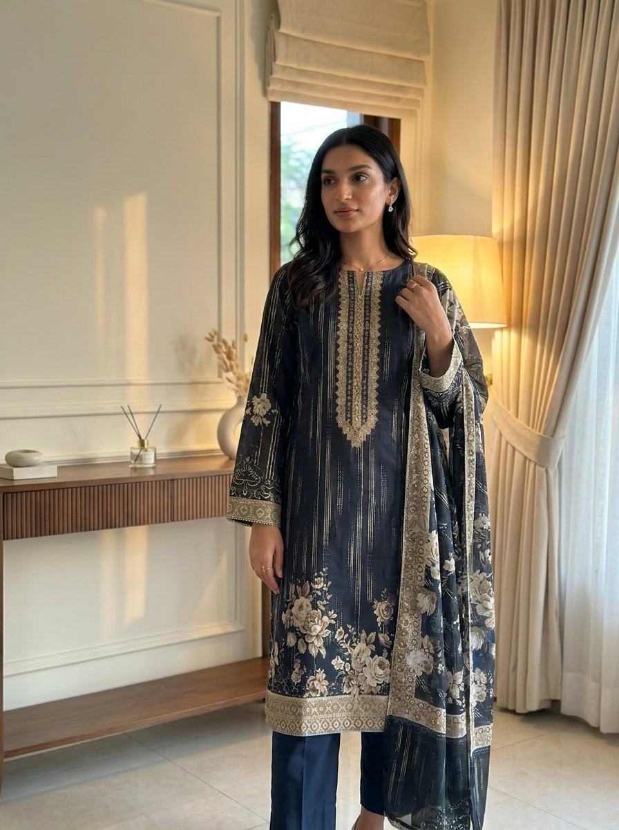 Black Printed Lawn 3 Piece Unstitched Suit with Voil Dupatta