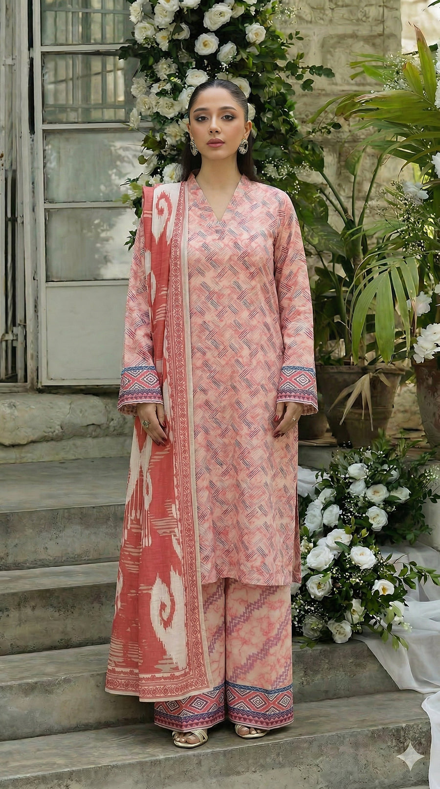 Rust & Ivory Ikat Print Unstitched 3 Piece Suit with Contrast Dupatta — Design 01