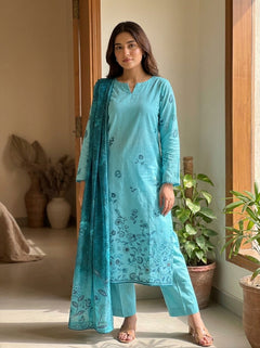 Fatima Volume 3124 Design 5– Turquoise Printed Lawn Unstitched 3 Piece Suit with Voil Dupatta