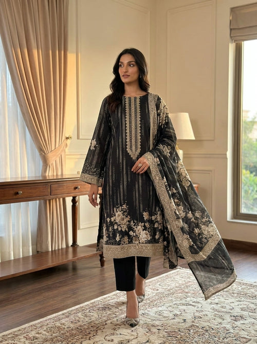 Black Printed Lawn 3 Piece Unstitched Suit with Voil Dupatta