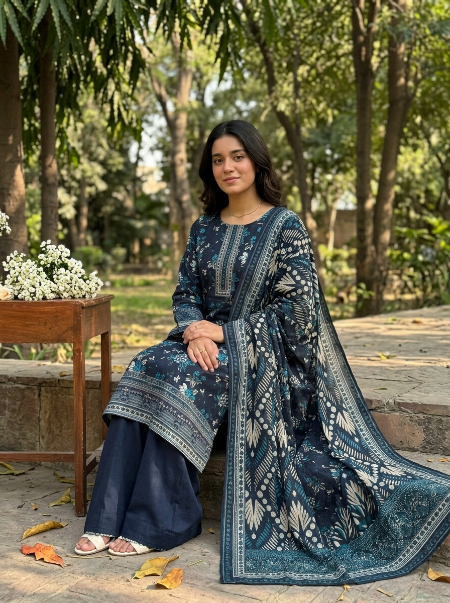 Fatima Volume 3136 – Design 06 | Teal & Ivory Floral Printed Lawn Unstitched 3 Piece Suit with Embroidered Neckline