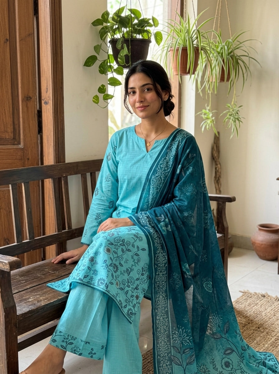 Fatima Volume 3124 Design 5– Turquoise Printed Lawn Unstitched 3 Piece Suit with Voil Dupatta