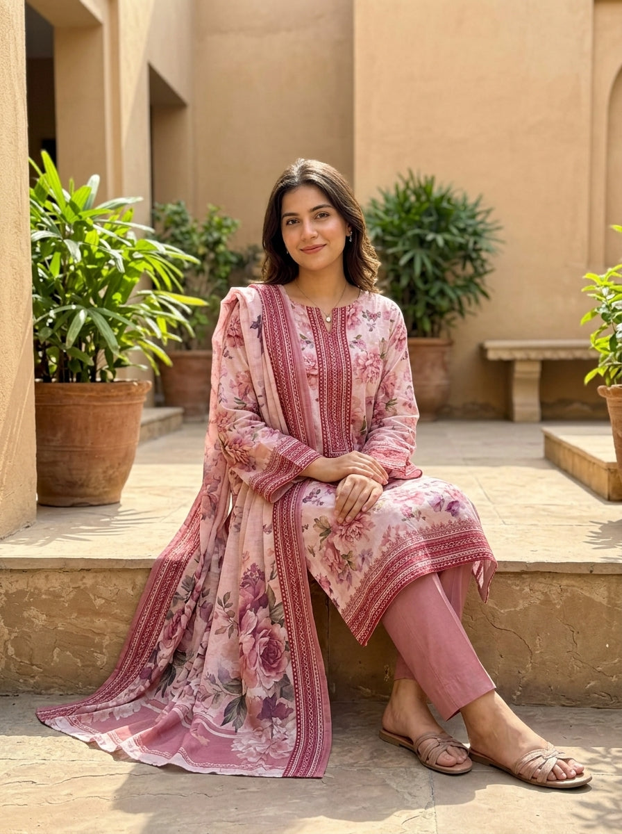 Fatima Volume 3119 – Design 03 | Blush Pink Embroidered Floral Lawn Unstitched 3 Piece Suit with Voile Dupatta