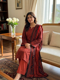 Fatima Volume 2760 – Rust Red Animal Print Unstitched 3 Piece Suit with Tribal Border Dupatta