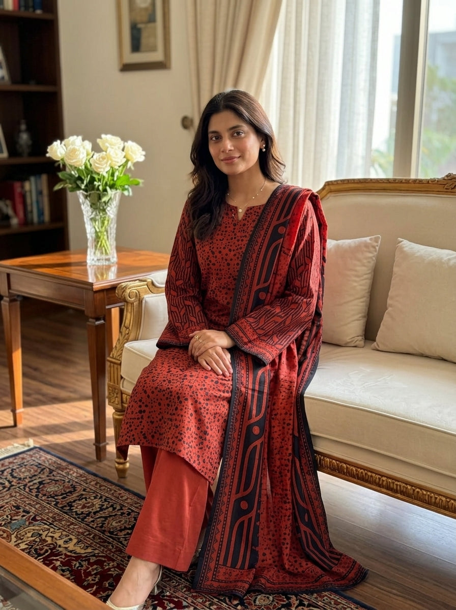 Fatima Volume 2760 – Rust Red Animal Print Unstitched 3 Piece Suit with Tribal Border Dupatta