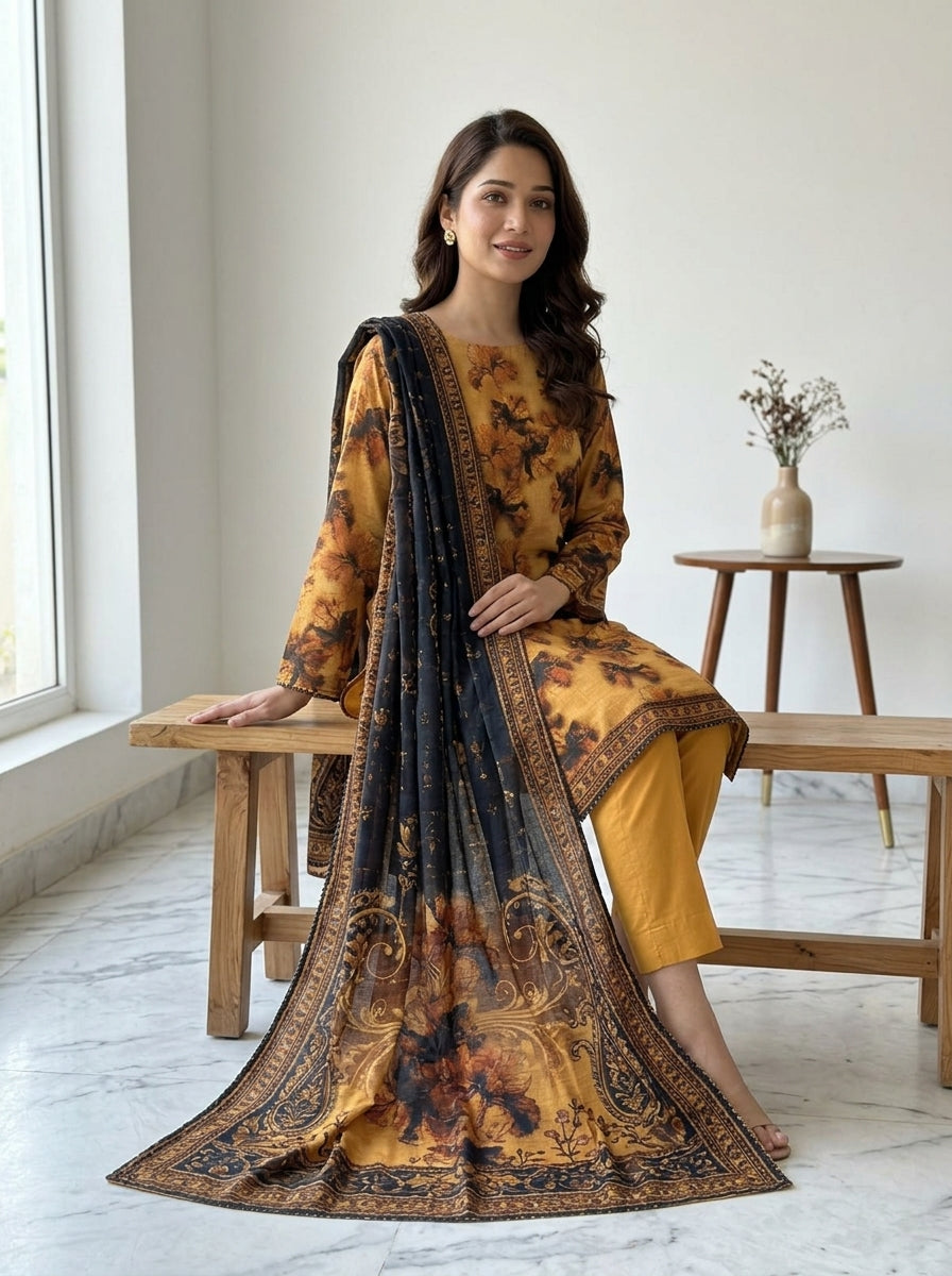 Fatima Volume 2786 – Design 06 | Golden Mustard Printed Lawn Unstitched 3 Piece Suit with Koil Print Dupatta
