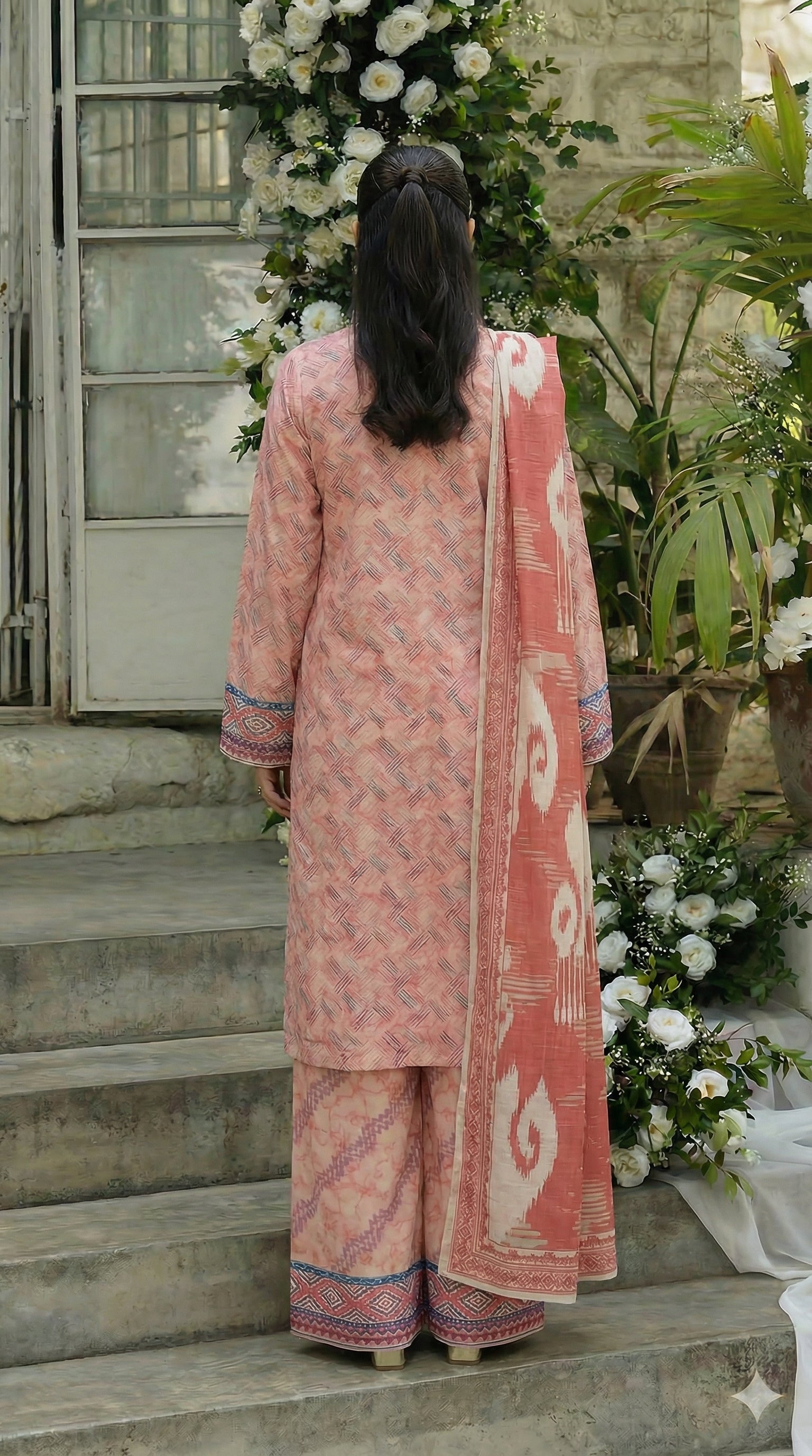 Rust & Ivory Ikat Print Unstitched 3 Piece Suit with Contrast Dupatta — Design 01