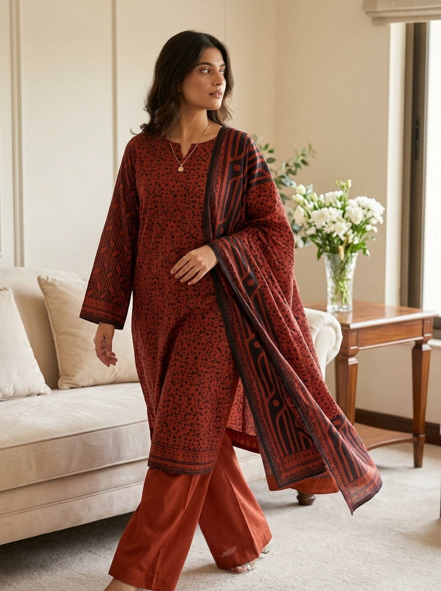 Fatima Volume 2760 – Rust Red Animal Print Unstitched 3 Piece Suit with Tribal Border Dupatta