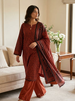 Fatima Volume 2760 – Rust Red Animal Print Unstitched 3 Piece Suit with Tribal Border Dupatta