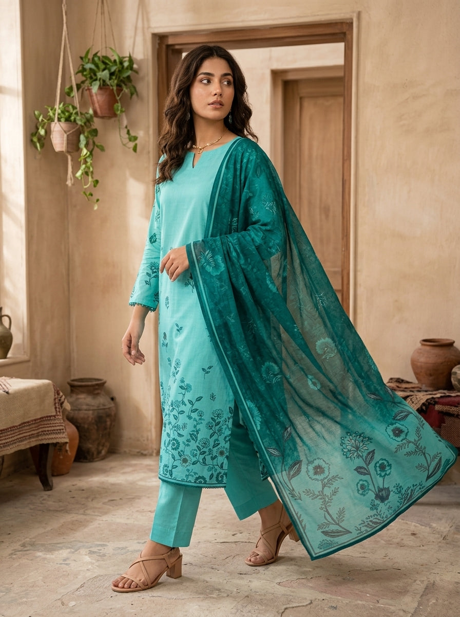 Fatima Volume 3124 Design 5– Turquoise Printed Lawn Unstitched 3 Piece Suit with Voil Dupatta