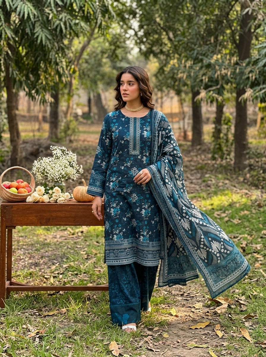 Fatima Volume 3136 – Design 06 | Teal & Ivory Floral Printed Lawn Unstitched 3 Piece Suit with Embroidered Neckline
