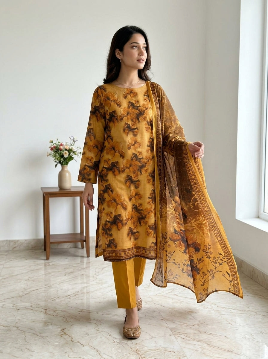 Fatima Volume 2786 – Design 06 | Golden Mustard Printed Lawn Unstitched 3 Piece Suit with Koil Print Dupatta