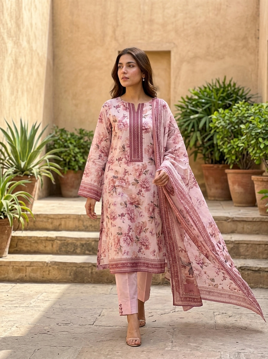 Fatima Volume 3119 – Design 03 | Blush Pink Embroidered Floral Lawn Unstitched 3 Piece Suit with Voile Dupatta