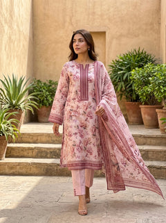 Fatima Volume 3119 – Design 03 | Blush Pink Embroidered Floral Lawn Unstitched 3 Piece Suit with Voile Dupatta