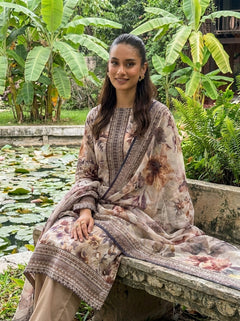 Mocha Floral Embroidered Unstitched 3 Piece Suit with Printed Dupatta