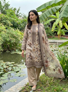 Mocha Floral Embroidered Unstitched 3 Piece Suit with Printed Dupatta