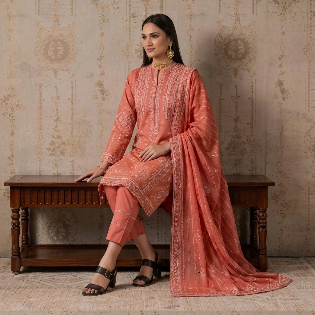 Coral Reverie — Embroidered 3-Piece Suit