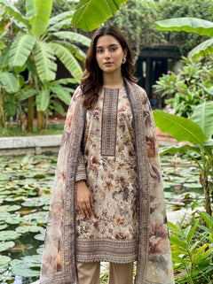 Mocha Floral Embroidered Unstitched 3 Piece Suit with Printed Dupatta