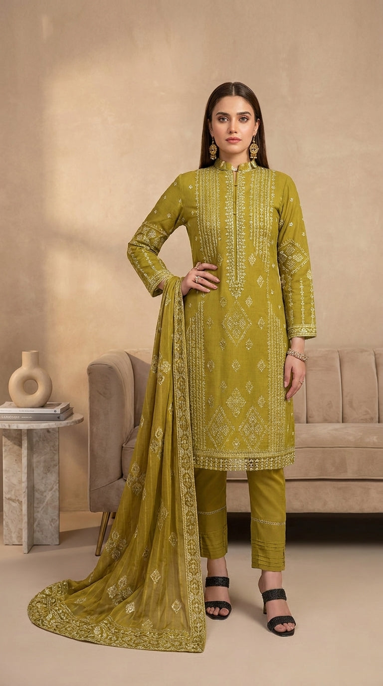 Olive Majesty — Embroidered 3-Piece Suit